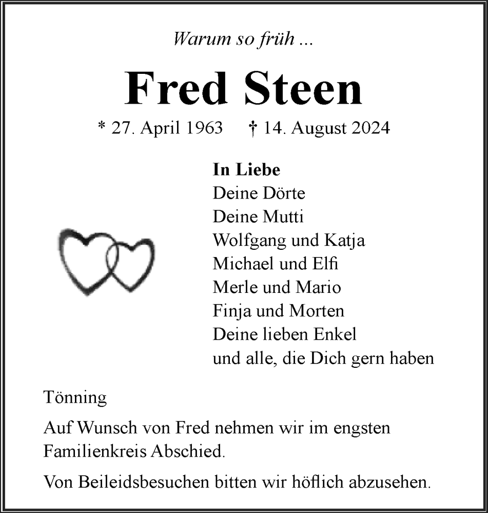  Traueranzeige für Fred Steen vom 24.08.2024 aus Husumer Nachrichten, Nordfriesland Tageblatt