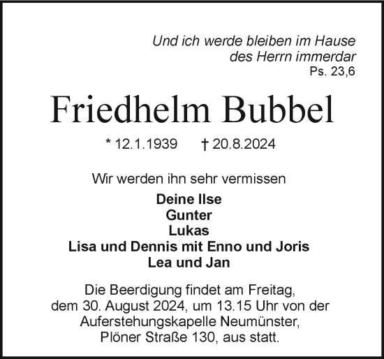 Traueranzeige von Friedhelm Bubbel von Holsteinischer Courier