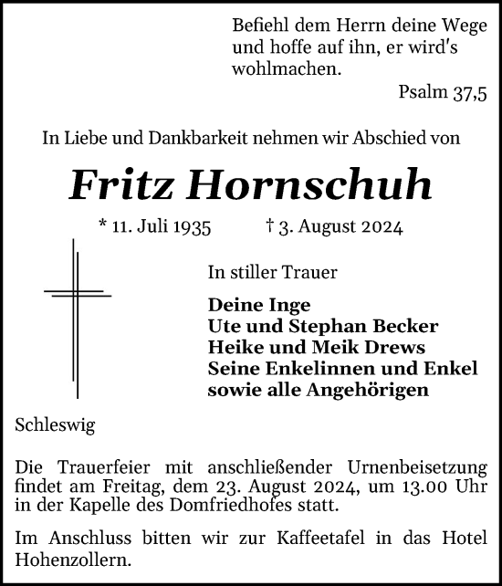 Traueranzeige von Fritz Hornschuh von Schleswiger Nachrichten, Schlei-Bote