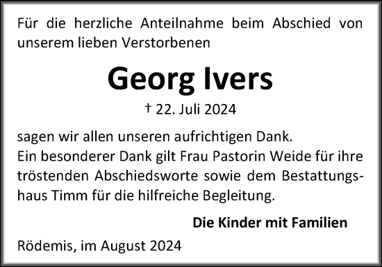 Traueranzeige von Georg Ivers von Husumer Nachrichten, Nordfriesland Tageblatt