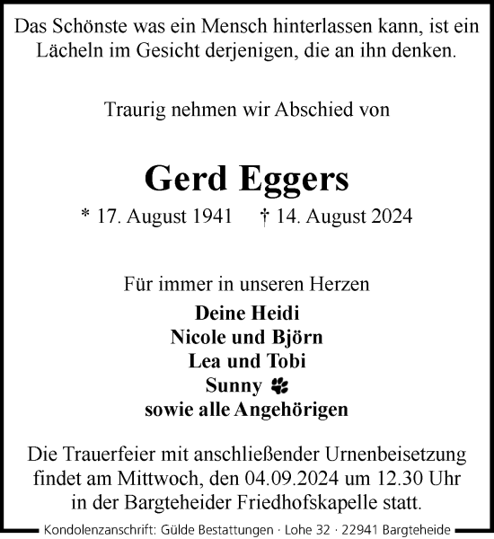 Traueranzeige von Gerd Eggers von Stormaner Tageblatt