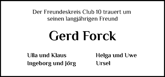 Traueranzeige von Gerd Forck von Schleswiger Nachrichten, Schlei-Bote