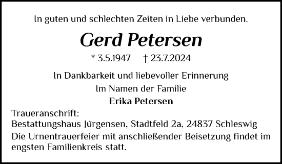 Traueranzeige von Gerd Petersen von Schleswiger Nachrichten, Schlei-Bote