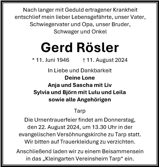 Traueranzeige von Gerd Rösler von Flensburger Tageblatt