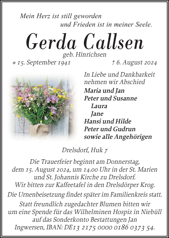 Traueranzeige von Gerda Callsen von Husumer Nachrichten, Nordfriesland Tageblatt