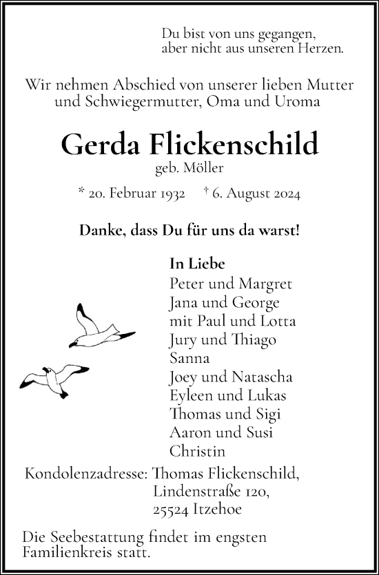 Traueranzeige von Gerda Flickenschild von Norddeutsche Rundschau, Wilstersche Zeitung, Glückstädter Fortuna