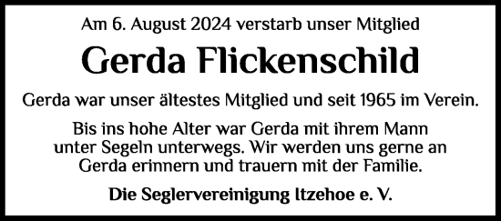 Traueranzeige von Gerda Flickenschild von Norddeutsche Rundschau, Wilstersche Zeitung, Glückstädter Fortuna