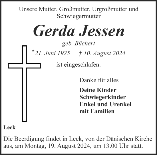 Traueranzeige von Gerda Jessen von Husumer Nachrichten, Nordfriesland Tageblatt