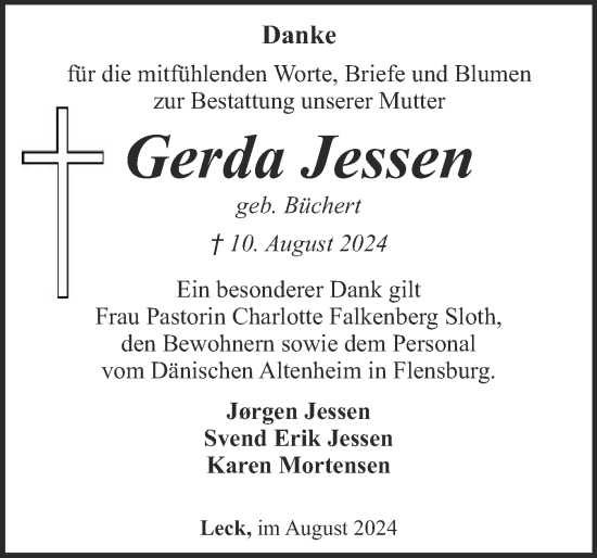 Traueranzeige von Gerda Jessen von Husumer Nachrichten, Nordfriesland Tageblatt