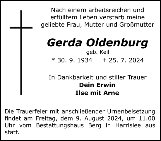 Traueranzeige von Gerda Oldenburg von Flensburger Tageblatt