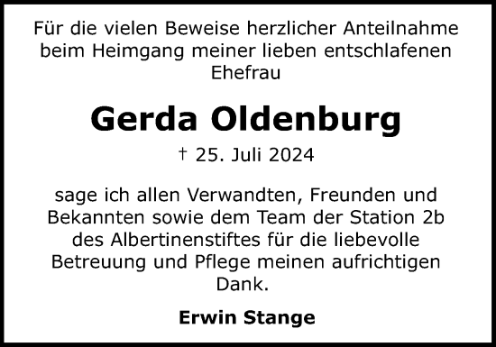 Traueranzeige von Gerda Oldenburg von Flensburger Tageblatt