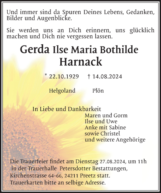 Traueranzeige von Gerda Ilse Maria Bothilde Harnack von Eckernförder Zeitung, Hallo Eckernförde