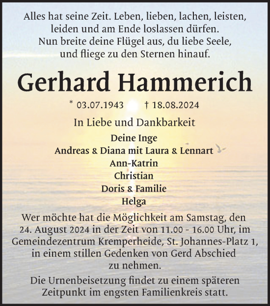 Traueranzeige von Gerhard Hammerich von Norddeutsche Rundschau, Wilstersche Zeitung, Glückstädter Fortuna