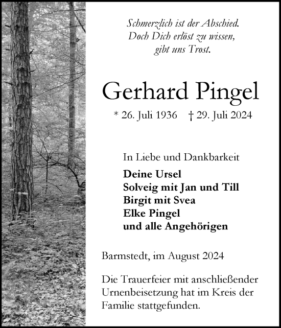 Traueranzeige von Gerhard Pingel von Elmshorner Nachrichten, Barmstedter Zeitung