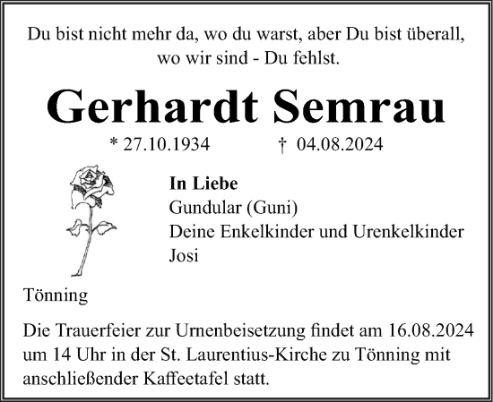 Traueranzeige von Gerhardt Semrau von Husumer Nachrichten, Nordfriesland Tageblatt