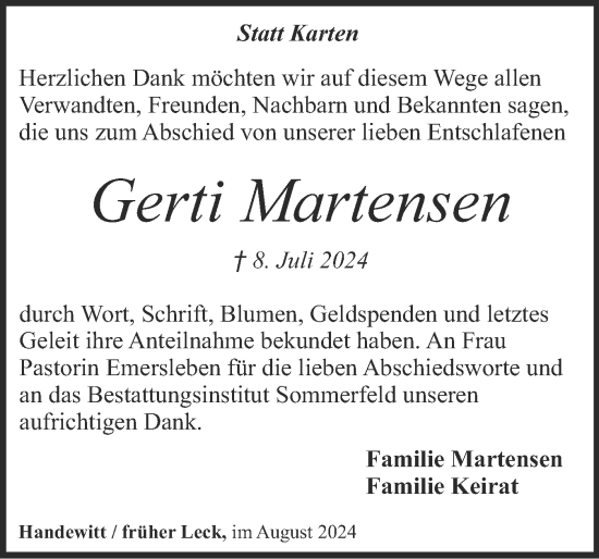 Traueranzeige von Gerti Martensen von Husumer Nachrichten, Nordfriesland Tageblatt