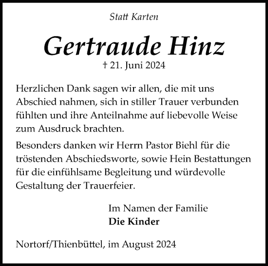 Traueranzeige von Gertraude Hinz von Schleswig-Holsteinische Landeszeitung