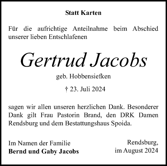 Traueranzeige von Gertrud Jacobs von Schleswig-Holsteinische Landeszeitung