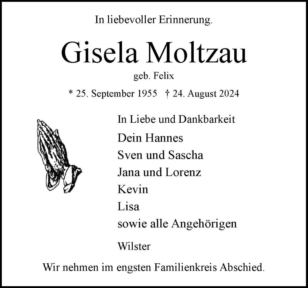  Traueranzeige für Gisela Moltzau vom 31.08.2024 aus Norddeutsche Rundschau, Wilstersche Zeitung, Glückstädter Fortuna