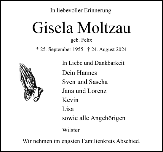 Traueranzeige von Gisela Moltzau von Norddeutsche Rundschau, Wilstersche Zeitung, Glückstädter Fortuna