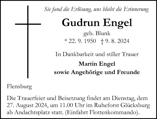 Traueranzeige von Gudrun Engel von Flensburger Tageblatt