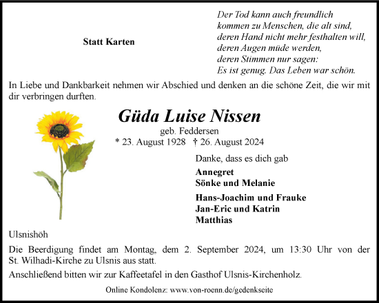 Traueranzeige von Güda Luise Nissen von Region Flensburg