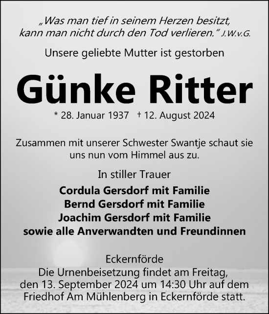 Traueranzeige von Günke Ritter von Eckernförder Zeitung, Hallo Eckernförde