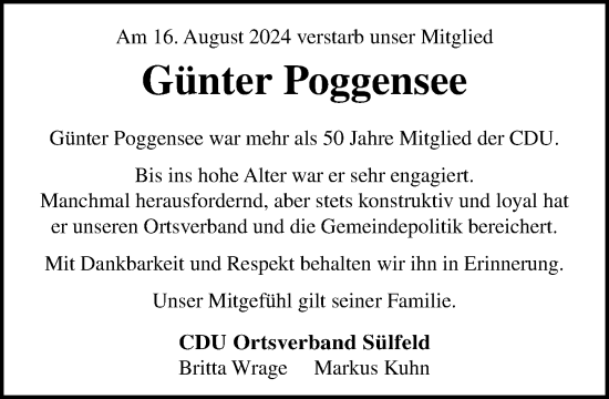 Traueranzeige von Günter Poggensee von Stormaner Tageblatt