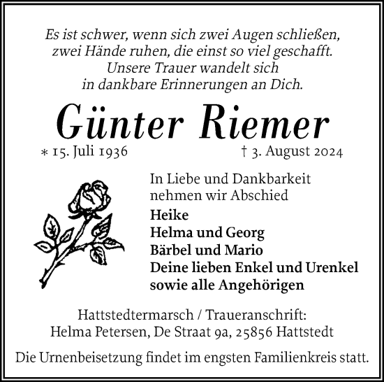 Traueranzeige von Günter Riemer von Husumer Nachrichten, Nordfriesland Tageblatt