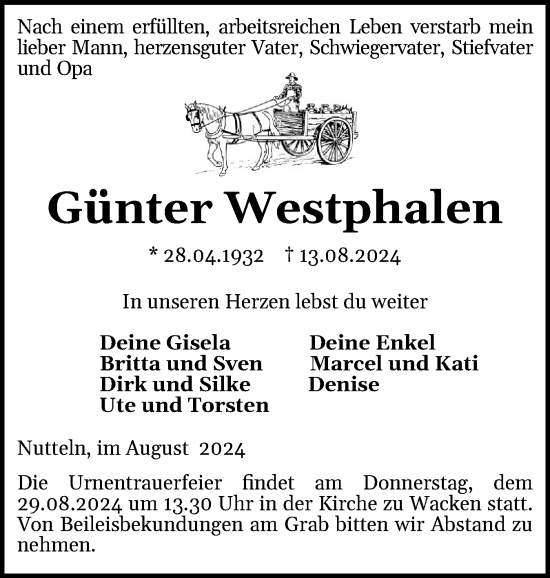 Traueranzeige von Günter Westphalen von Norddeutsche Rundschau, Wilstersche Zeitung, Glückstädter Fortuna