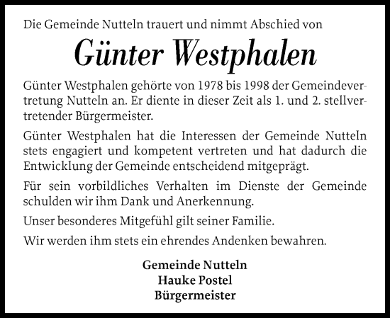 Traueranzeige von Günter Westphalen von Norddeutsche Rundschau, Wilstersche Zeitung, Glückstädter Fortuna