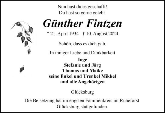 Traueranzeige von Günther Fintzen von Flensburger Tageblatt