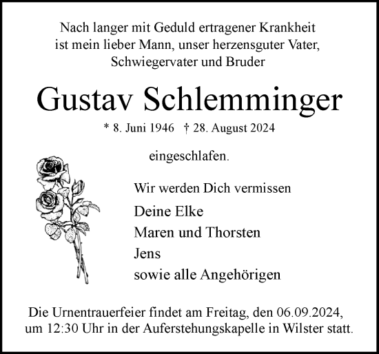 Traueranzeige von Gustav Schlemminger von Norddeutsche Rundschau, Wilstersche Zeitung, Glückstädter Fortuna