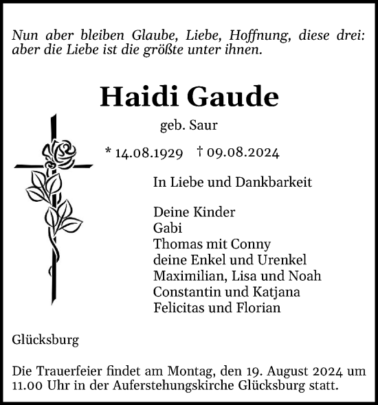 Traueranzeige von Haidi Gaude von Flensburger Tageblatt