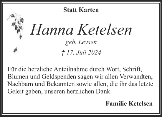 Traueranzeige von Hanna Ketelsen von Husumer Nachrichten, Nordfriesland Tageblatt