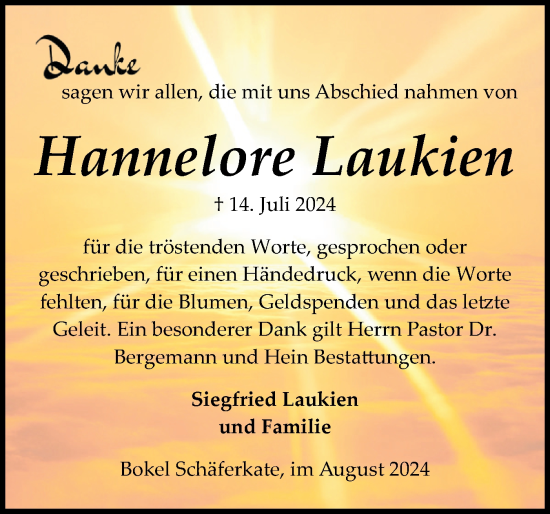 Traueranzeige von Hannelore Laukien von Schleswig-Holsteinische Landeszeitung