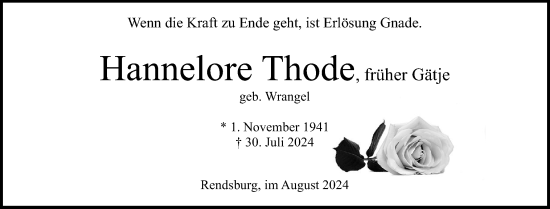Traueranzeige von Hannelore Thode von Schleswig-Holsteinische Landeszeitung