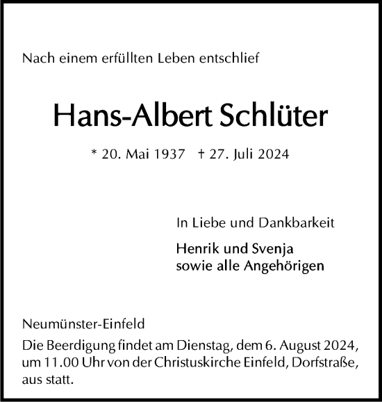 Traueranzeige von Hans-Albert Schlüter von Holsteinischer Courier