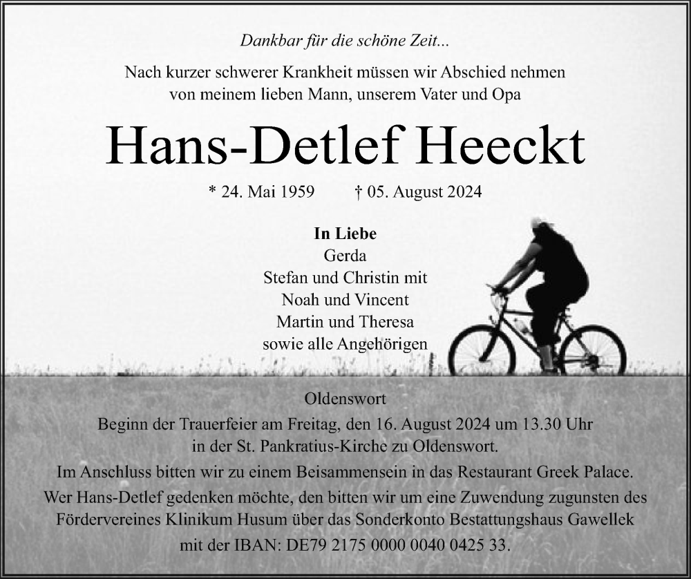  Traueranzeige für Hans-Detlef Heeckt vom 09.08.2024 aus Husumer Nachrichten, Nordfriesland Tageblatt