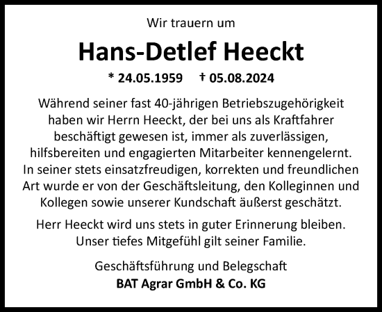 Traueranzeige von Hans-Detlef Heeckt von Husumer Nachrichten, Nordfriesland Tageblatt