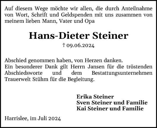 Traueranzeige von Hans-Dieter Steiner von Flensburger Tageblatt