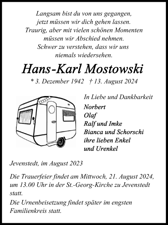 Traueranzeige von Hans-Karl Mostowski von Schleswig-Holsteinische Landeszeitung