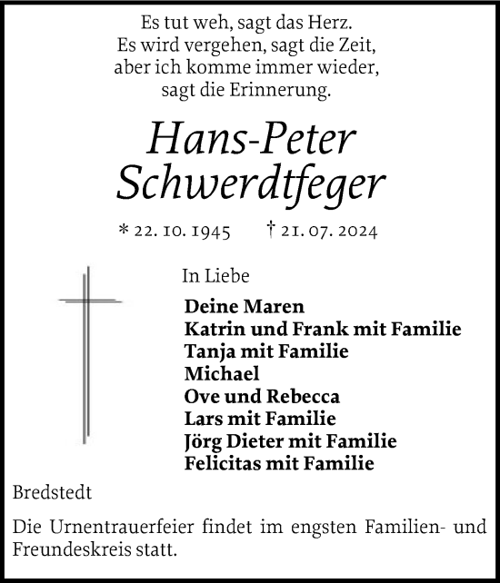 Traueranzeige von Hans-Peter Schwerdtfeger von Husumer Nachrichten, Nordfriesland Tageblatt