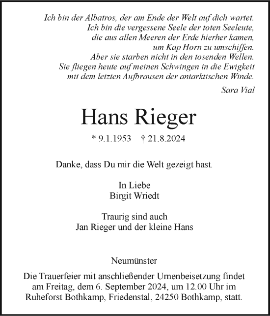 Traueranzeige von Hans Rieger von Holsteinischer Courier