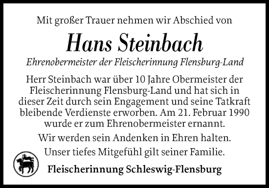 Traueranzeige von Hans Steinbach von Flensburger Tageblatt, Schleswiger Nachrichten, Schlei-Bote