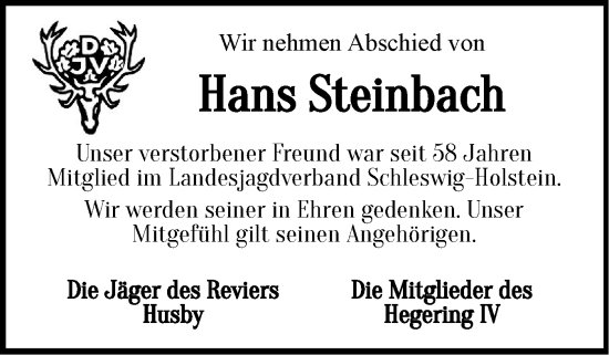 Traueranzeige von Hans Steinbach von Flensburger Tageblatt