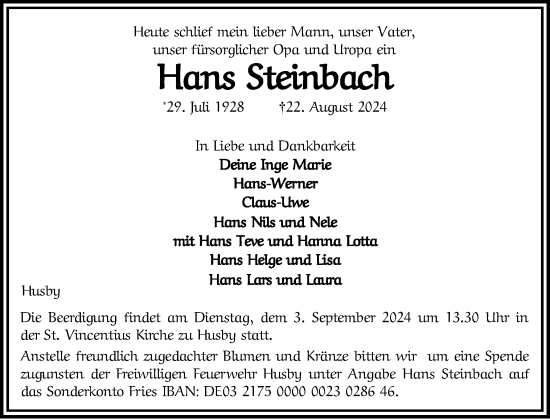 Traueranzeige von Hans Steinbach von Flensburger Tageblatt