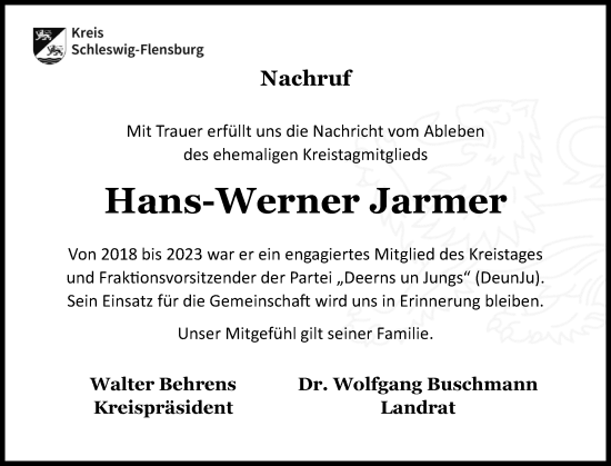 Traueranzeige von Hans-Werner Jarmer von Schleswiger Nachrichten, Schlei-Bote