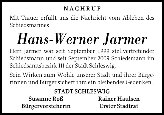 Traueranzeige von Hans-Werner Jarmer von Schleswiger Nachrichten, Schlei-Bote