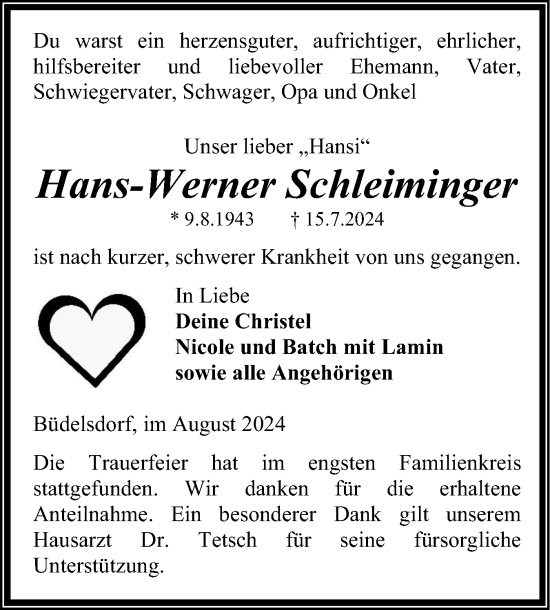 Traueranzeige von Hans-Werner Schleiminger von Schleswig-Holsteinische Landeszeitung